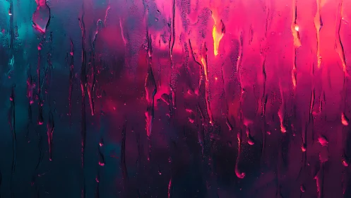 Neon rain streaks slide down glass in vivid magenta teal glow