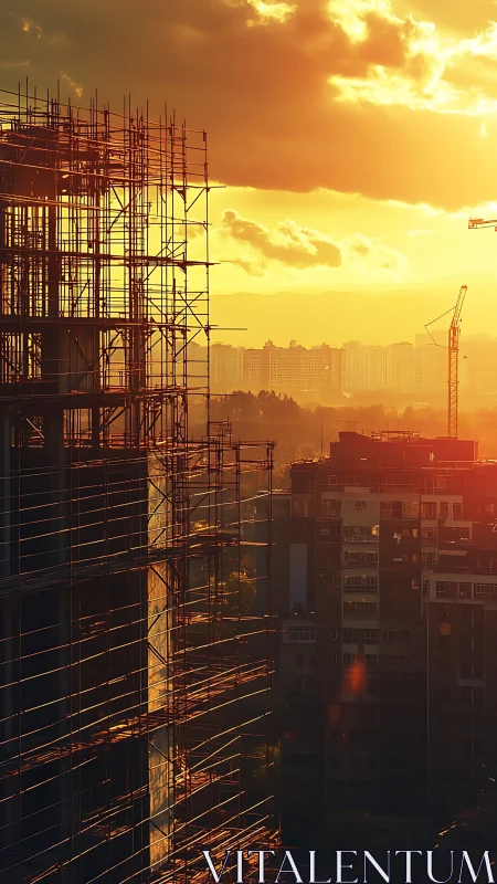Sunlit scaffolds cradle a city growing into molten dusk.