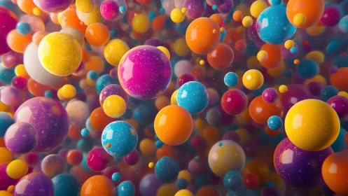 Multicolored glossy spheres suspended in dense abstract field.
