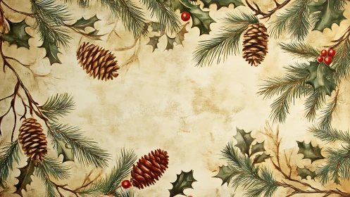 Pine branches, holly leaves, and cones forming seasonal frame.