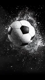 Soccer ball explodes through water spray on a dark backdrop
