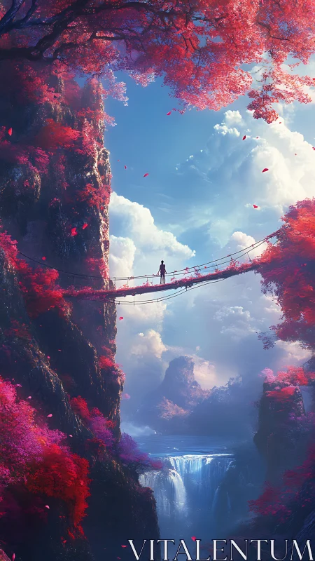 Suspension bridge spans crimson forest cliffs above misty falls