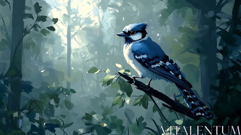 Blue Jay Perched on Branch in Misty Forest, Digital Painting.
