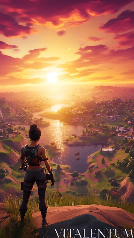 Character observes stylized lakeside landscape at sunset