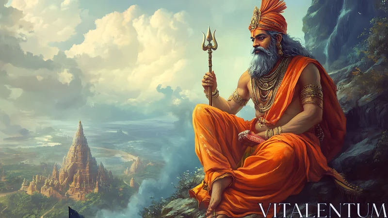 Serene sage in orange robes quietly watches a distant temple