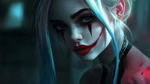 Neo-noir female portrait with smeared clown makeup and cyan hair