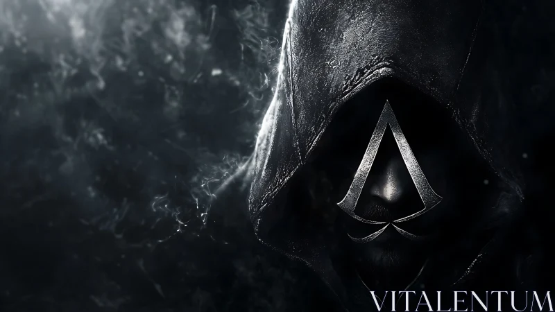 Hooded figure with metallic emblem in cinematic shadowed fog.