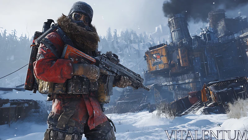 Armed figure in winter gear near industrial ruins in snowfield.