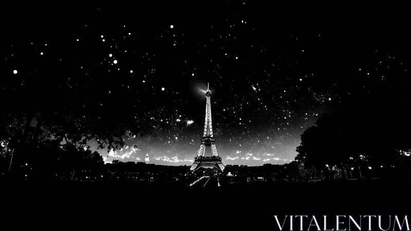 Monochrome nightscape of Eiffel Tower with stellar canopy.