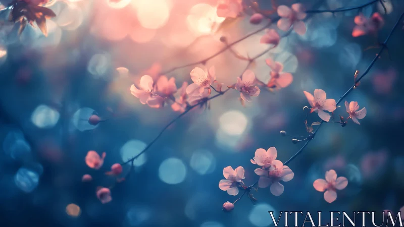 Pink Flowers Against Blue Background With Bokeh Effect.