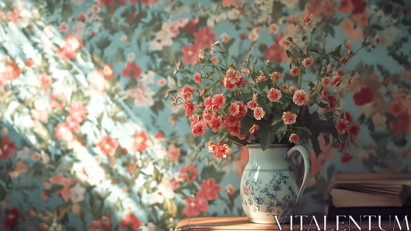 Ceramic vessel with pink dahlias displayed against floral patterned surface
