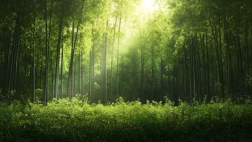 Bamboo Forest Canopy with Sunlight Filtering Through.