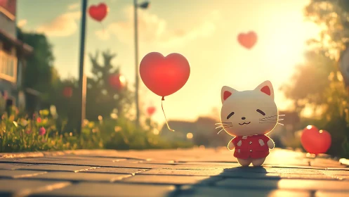 Cartoon Cat Chases Love Through Golden Hour Street