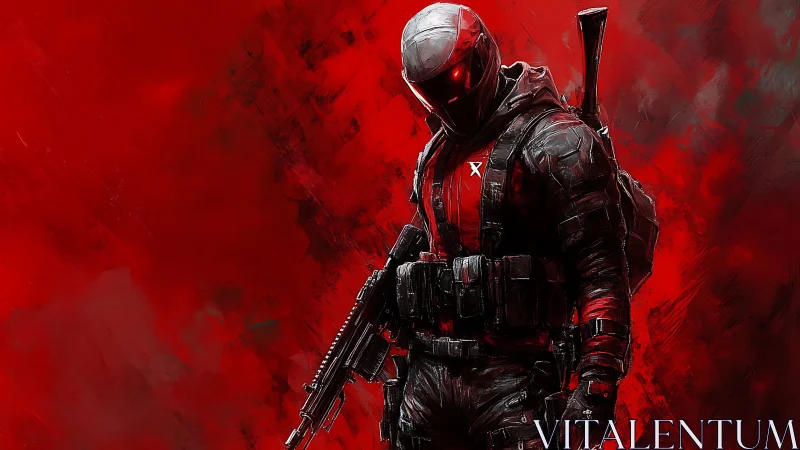 Armored tactical soldier with rifle on red abstract ground.