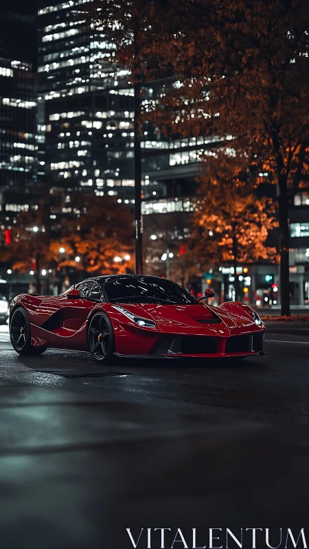 Red hypercar glides through nocturnal city streetscape.
