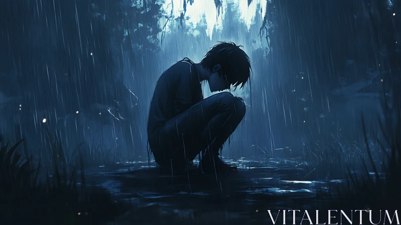 Moody anime silhouette crouched in rain-soaked forest clearing.