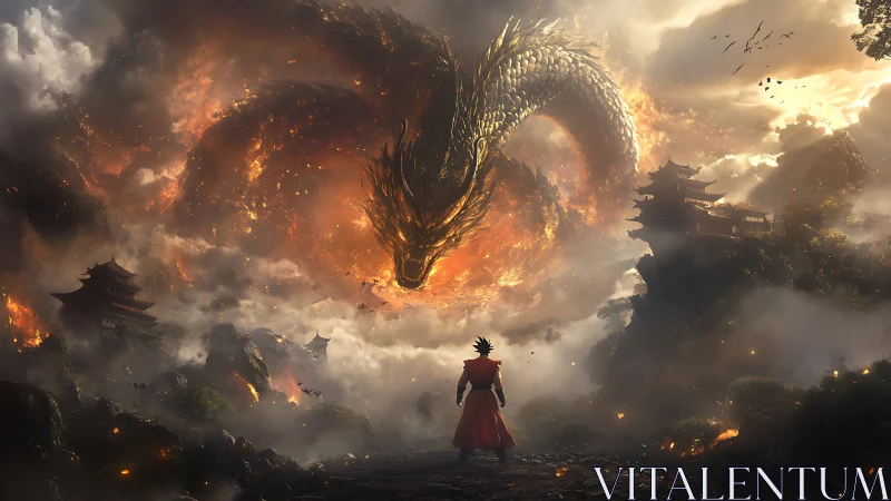 Storm-lit dragon eclipse above lone red-cloaked warrior.