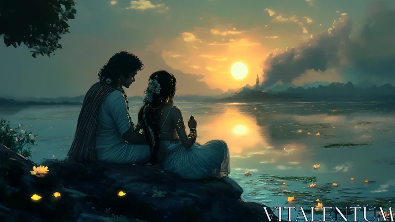 Romantic couple by tranquil lake at glowing sunset sky.