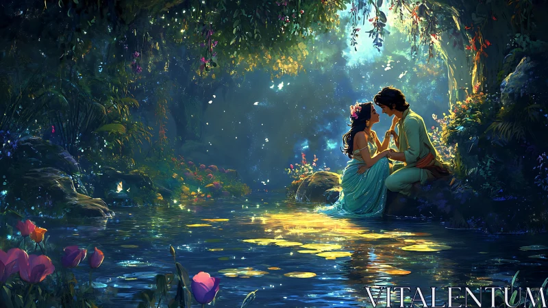 Romantic couple among luminescent forest waters