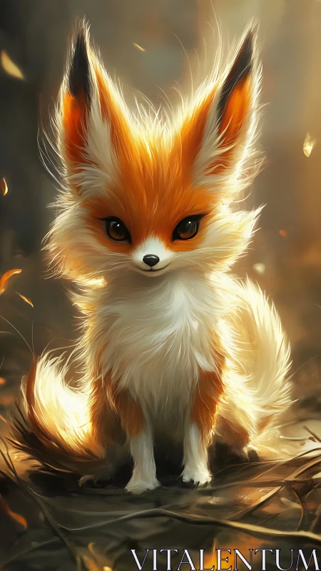 Golden forest fox portrait in soft glowing light.