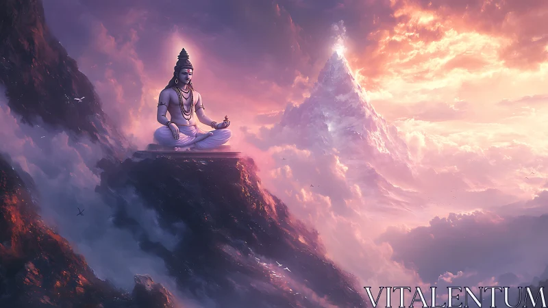 Figure sits in lotus pose on ledge overlooking illuminated peak