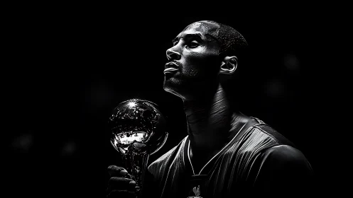 Basketball player in low key lighting holding reflective trophy.