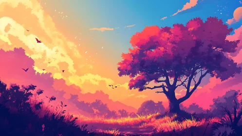 Vibrant sunset tree over glowing meadow horizon.