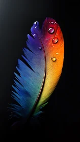 Single multicolored feather with water droplets on black field.