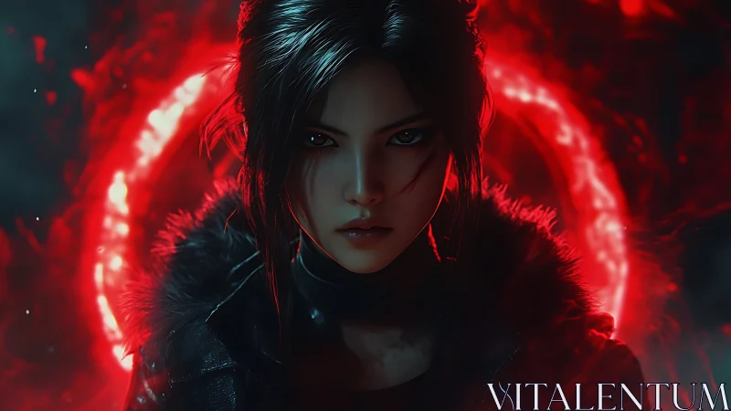 Fierce dark heroine framed by glowing crimson magic circle.