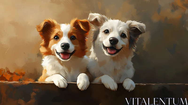 Two joyful puppies rest on ledge in warm painterly light