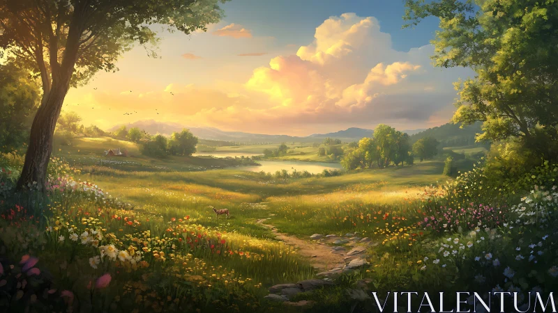 Sunlit meadow path leads toward tranquil lakeside hills.