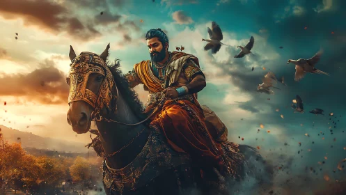 Warrior king riding armored horse at dramatic sunset sky.