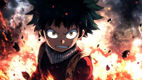Determined anime hero stands amid explosive fiery chaos.