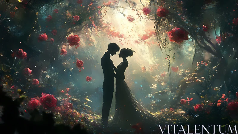 Silhouetted couple embracing amid luminous rose garden.