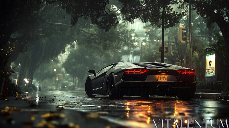 Supercar sits on wet city street under heavy rainfall