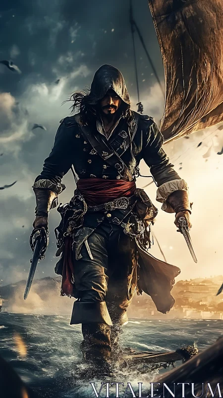 Storm-tossed pirate strides boldly across the wild sea