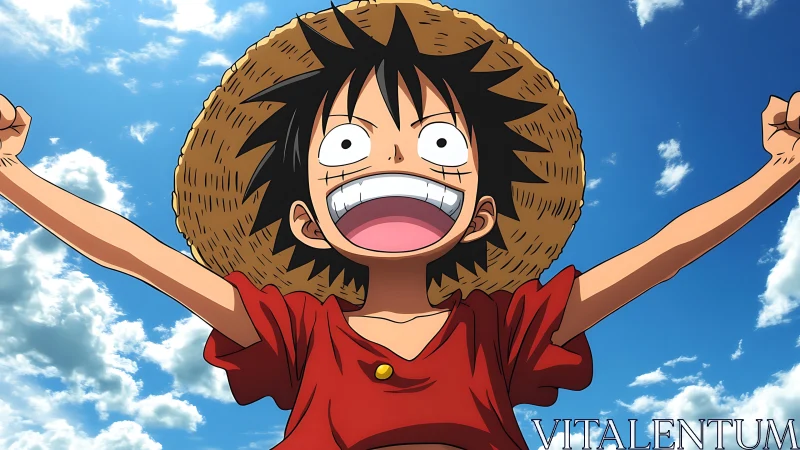 Joyful straw-hat adventurer beaming under a bright sky.
