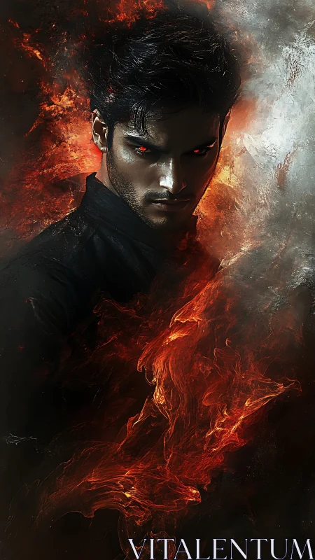 Dark fiery figure with glowing red eyes in swirling flames.