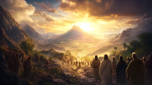 Crowd observing radiant sunrise over distant valley town.