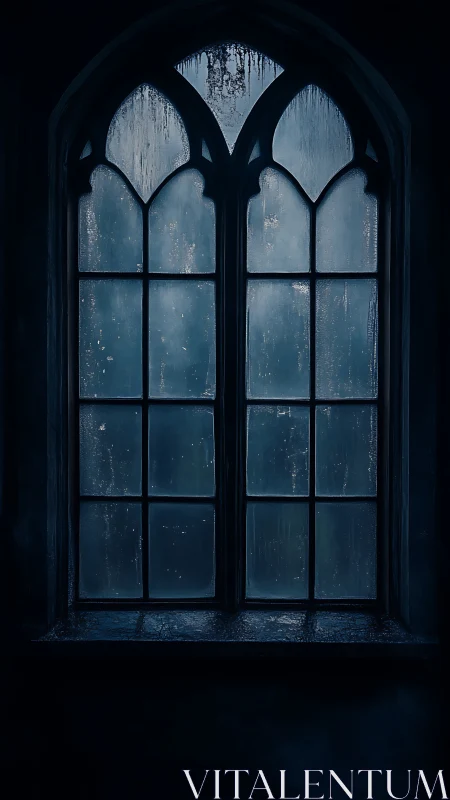 Gothic arched window absorbs cold blue nocturnal haze.
