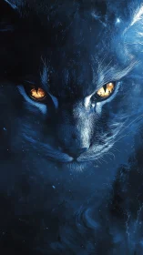 Celestial panther portrait with molten ember eyes in void.