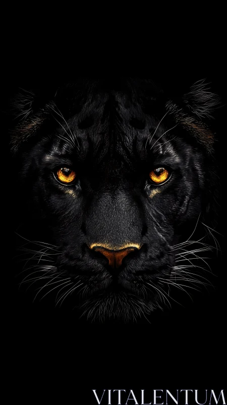 Black panther frontal portrait with luminous amber eyes.