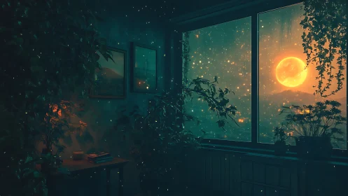 Indoor night garden with large glowing moonlit window view
