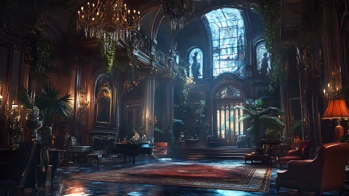 Grand ornate hall with skylight, chandeliers, and lush plants.
