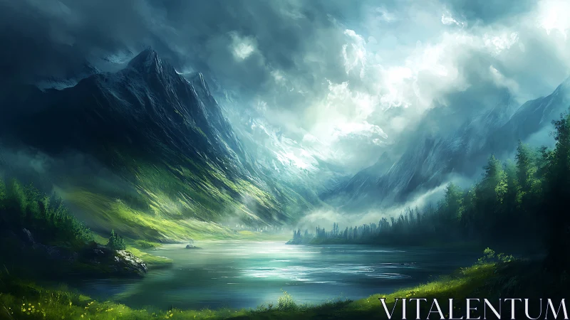 Majestic alpine lake under storm-lit mountain peaks.