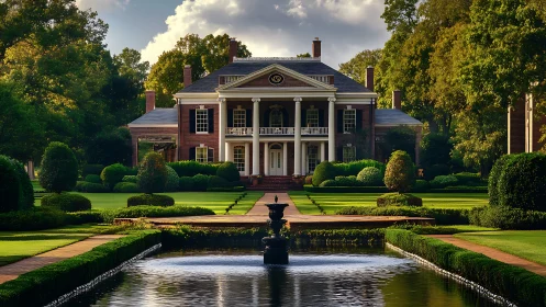 Neoclassical brick mansion with axial reflecting pool and formal lawns