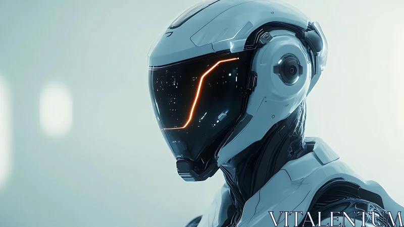 Streamlined white android helmet with glowing visor interface.