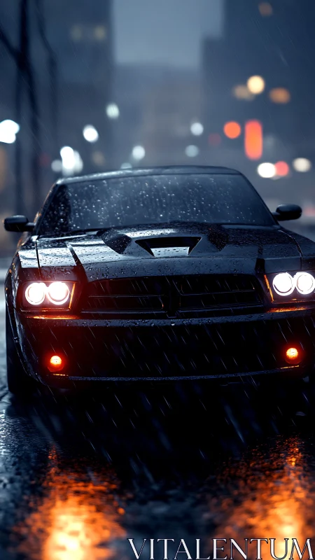 Midnight muscle car prowls through neon rain-slick streets