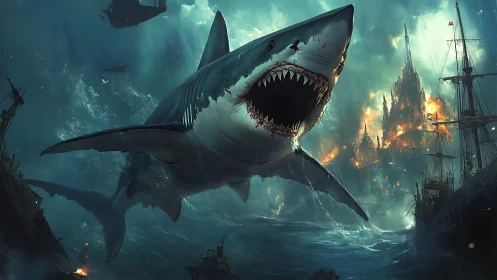 Colossal ocean shark surges toward a storm lit fantasy city.
