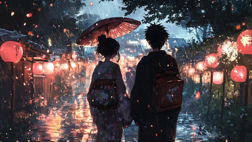 Rain-soaked lantern street hums as two quiet hearts align